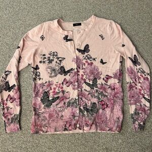 Charming Pink Cardigan with Floral and Butterfly Motif